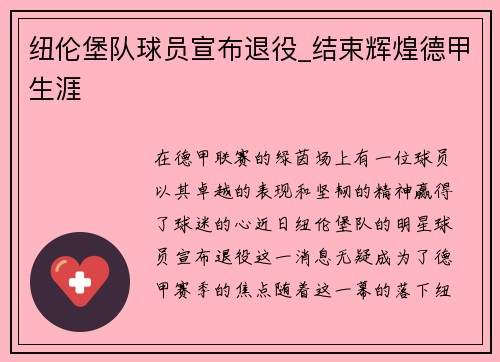 纽伦堡队球员宣布退役_结束辉煌德甲生涯
